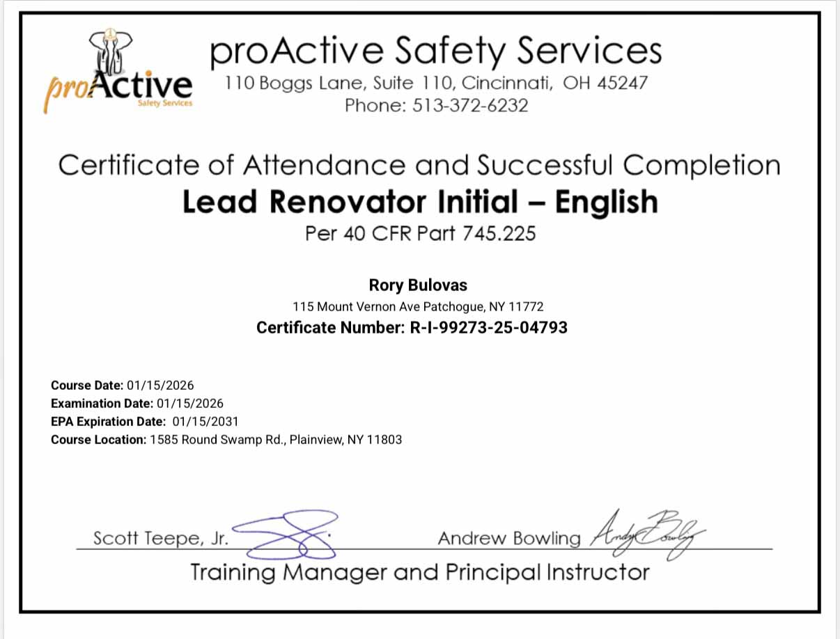 Rory Bulovas Lead Renovator License